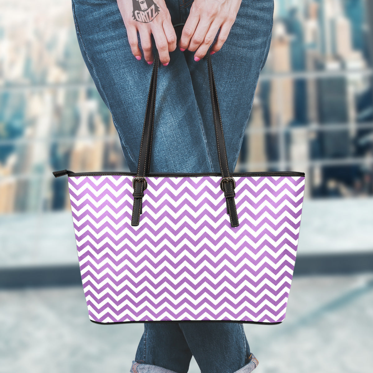 Violet Purple Zigzag Print Pattern Leather Tote Bag-grizzshop