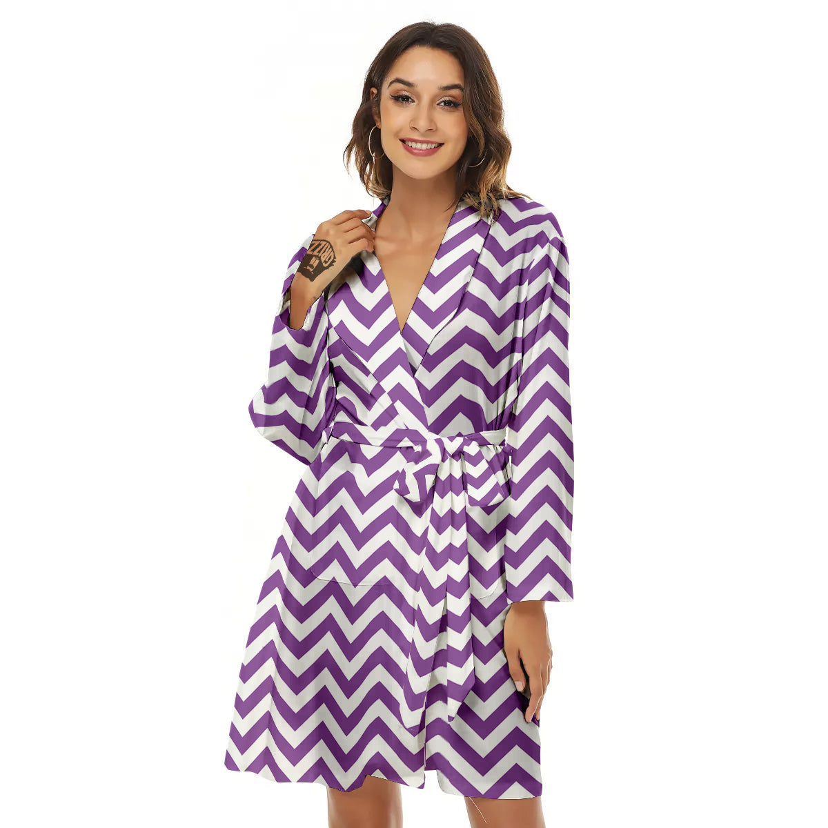 Violet Purple Zigzag Print Pattern Women's Robe-grizzshop
