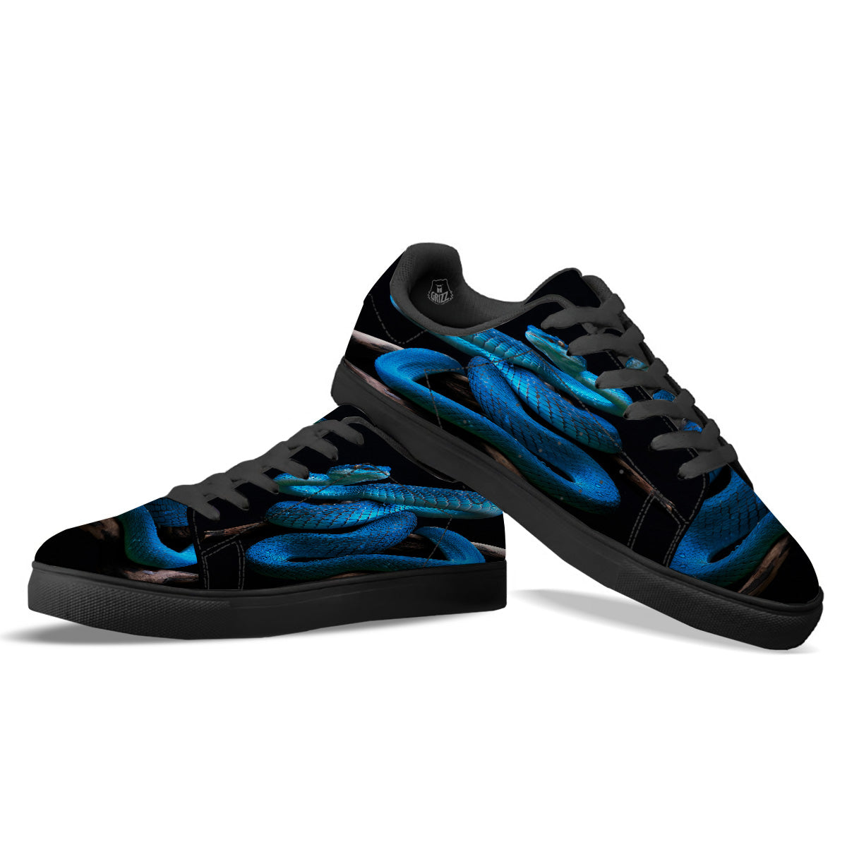 Viper Snake Blue Pit Print Black Low Top Sneakers-grizzshop