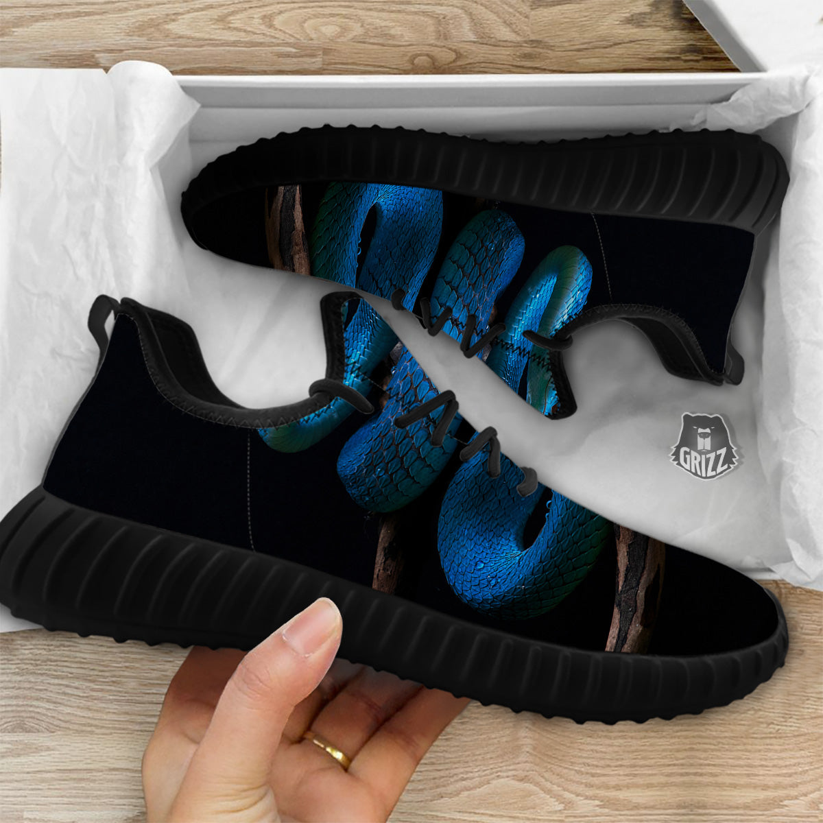 Viper Snake Blue Pit Print Black Walking Shoes-grizzshop