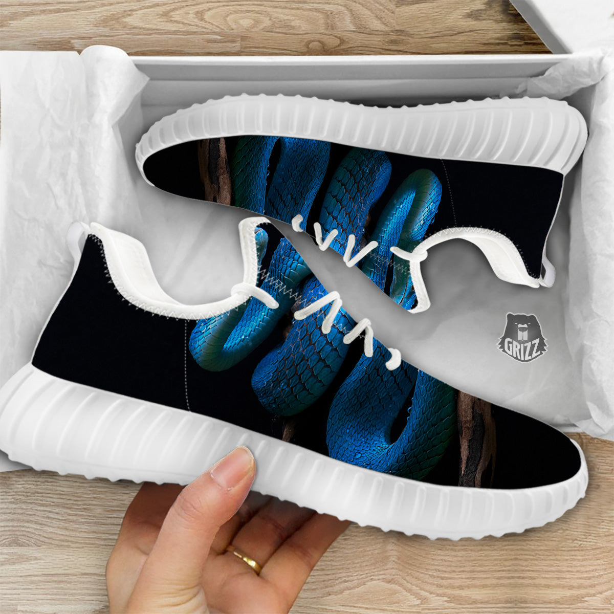 Viper Snake Blue Pit Print White Walking Shoes-grizzshop