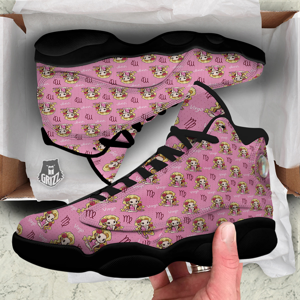 Virgo Cute Cartoon Print Pattern Black Basketball Shoes-grizzshop