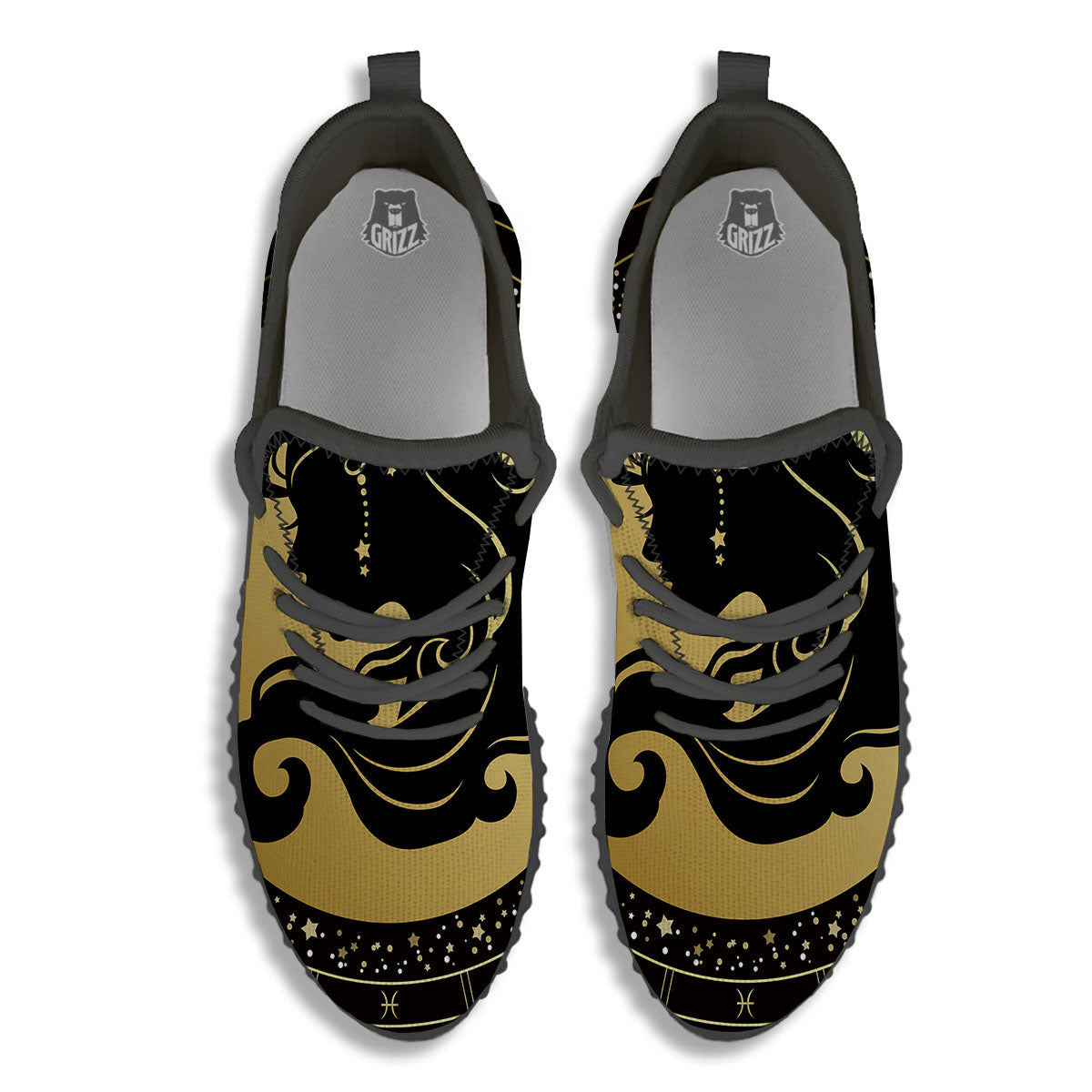 Virgo Sign Black And Gold Print Black Walking Shoes-grizzshop