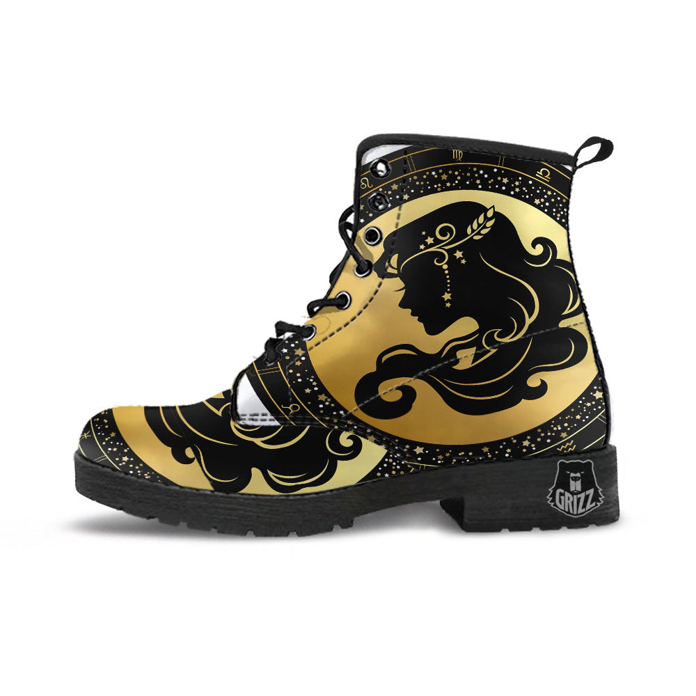Virgo Sign Black And Gold Print Leather Boots-grizzshop