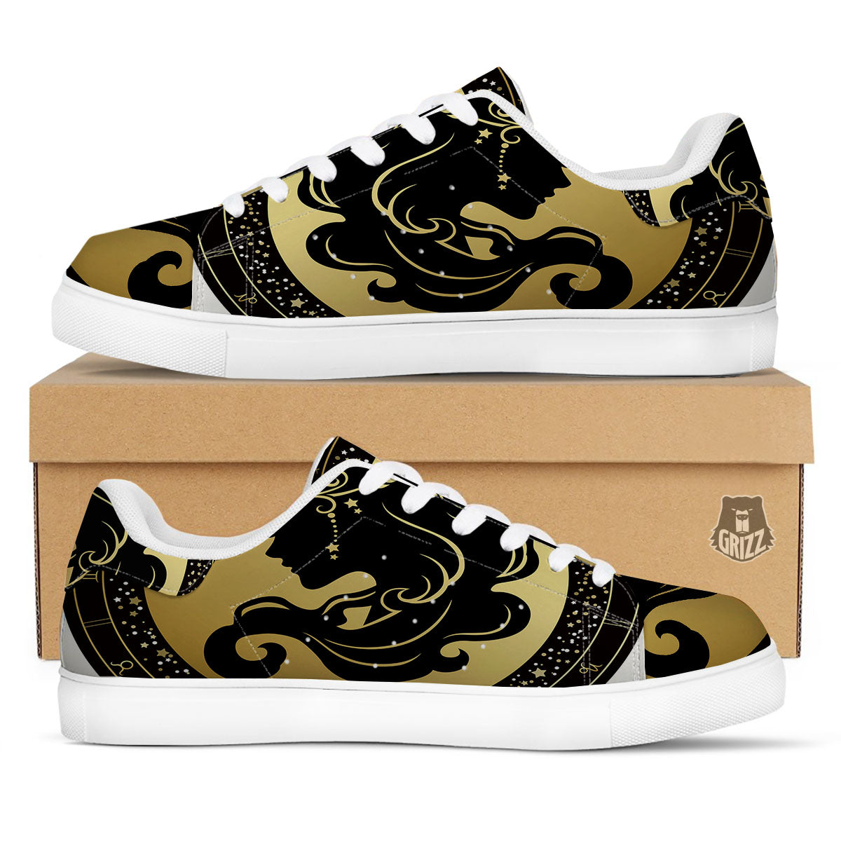 Virgo Sign Black And Gold Print White Low Top Sneakers-grizzshop