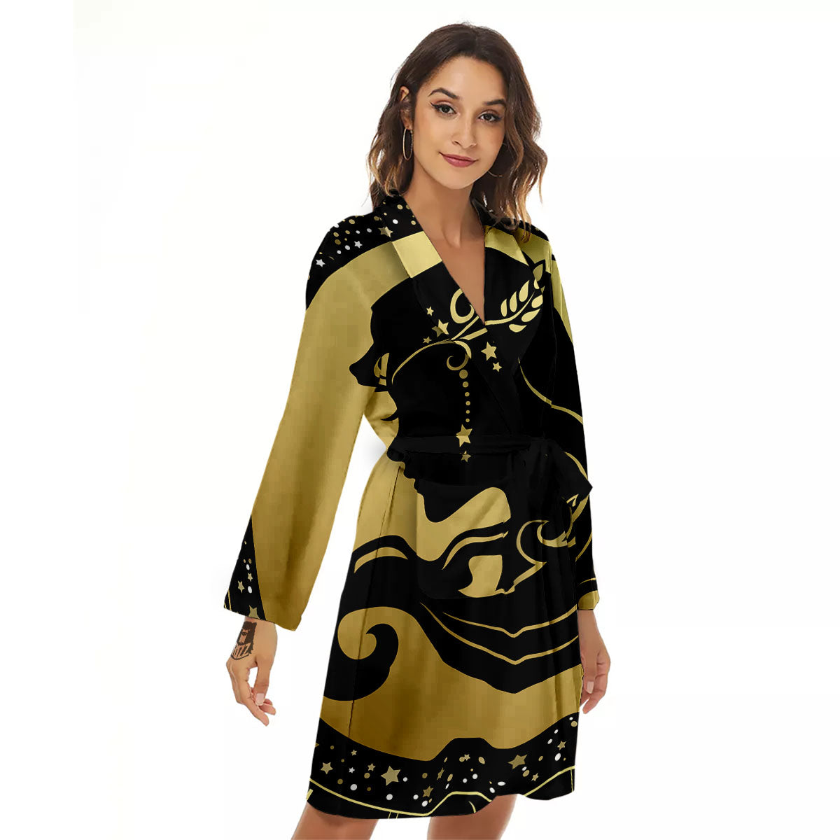 Virgo Sign Black And Gold Print Women's Robe-grizzshop