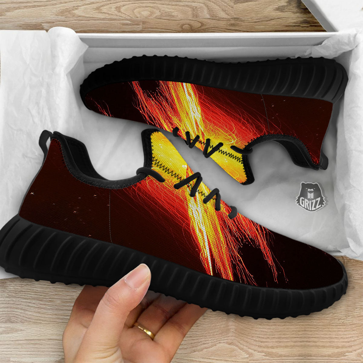 Volcano On Fire Print Black Walking Shoes-grizzshop