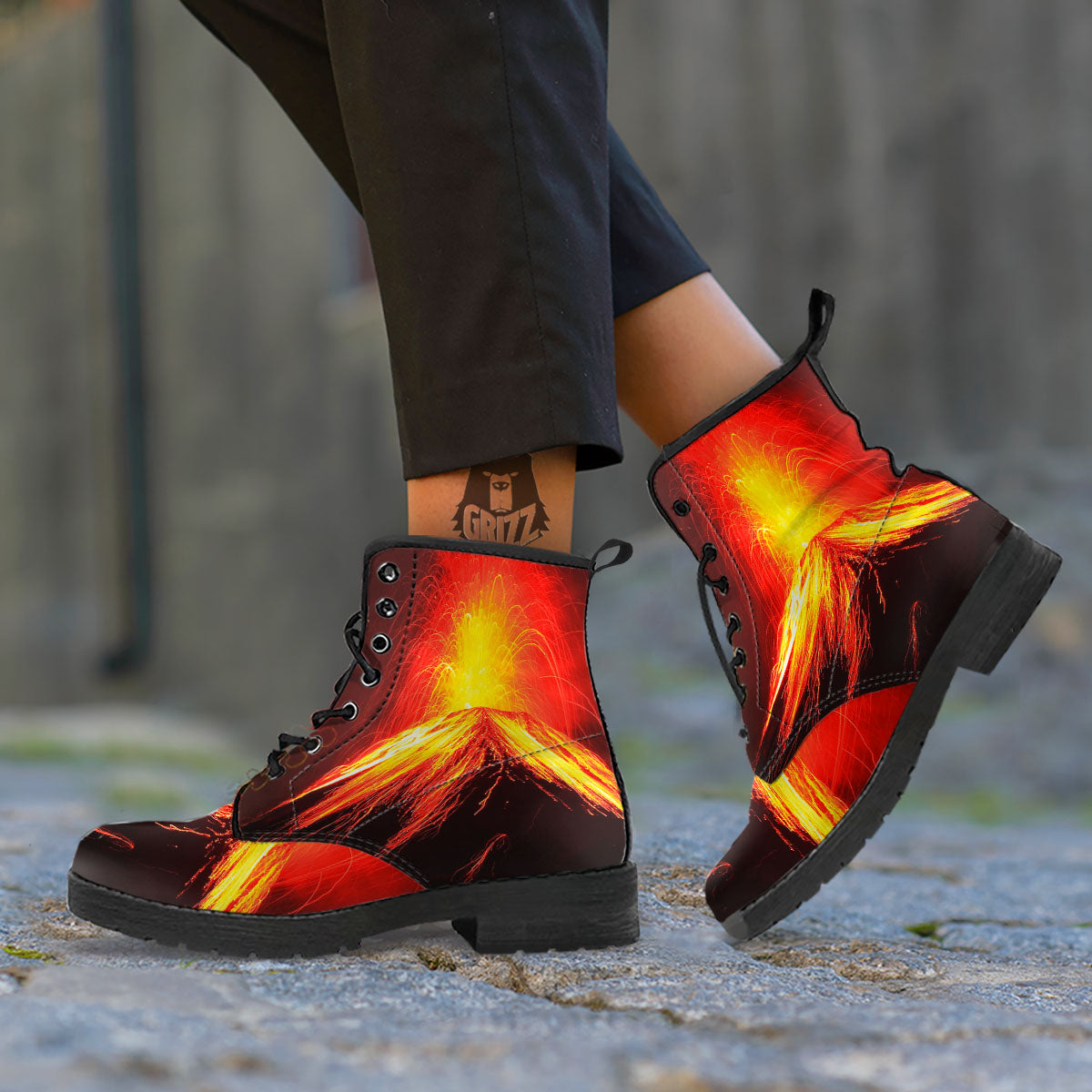 Volcano On Fire Print Leather Boots-grizzshop