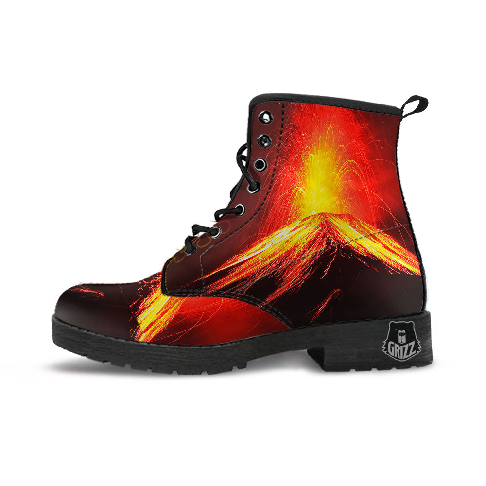 Volcano On Fire Print Leather Boots-grizzshop