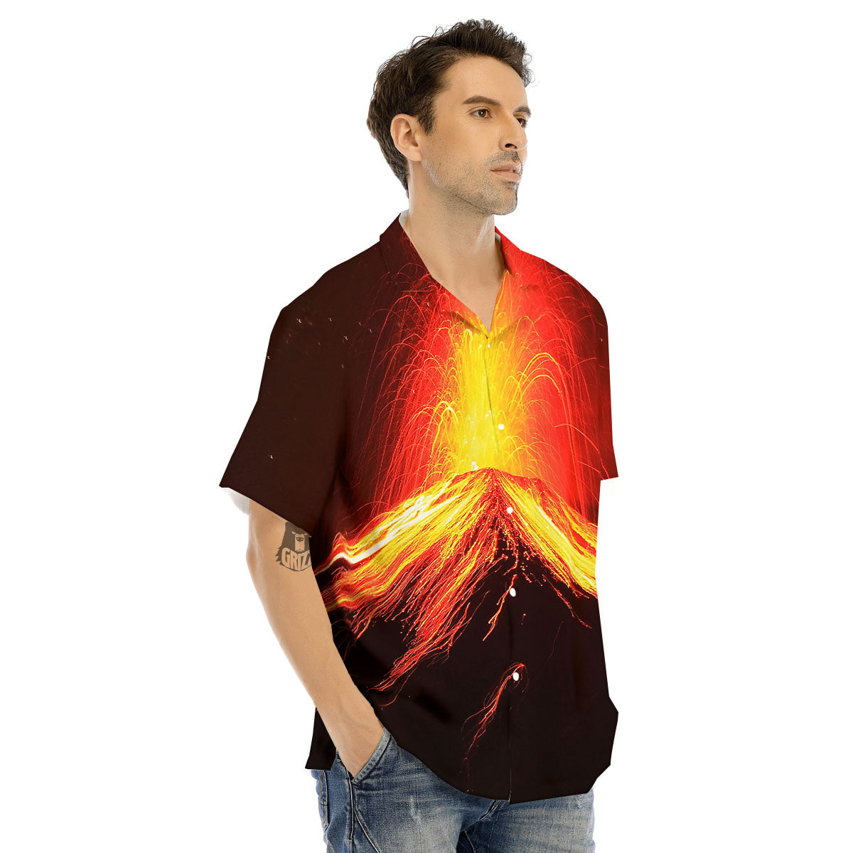 Volcano On Fire Print Men's Hawaiian Shirt-grizzshop