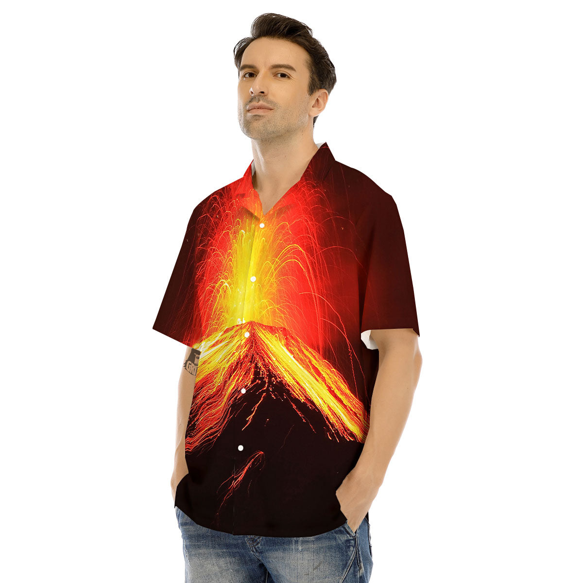 Volcano On Fire Print Men's Hawaiian Shirt-grizzshop