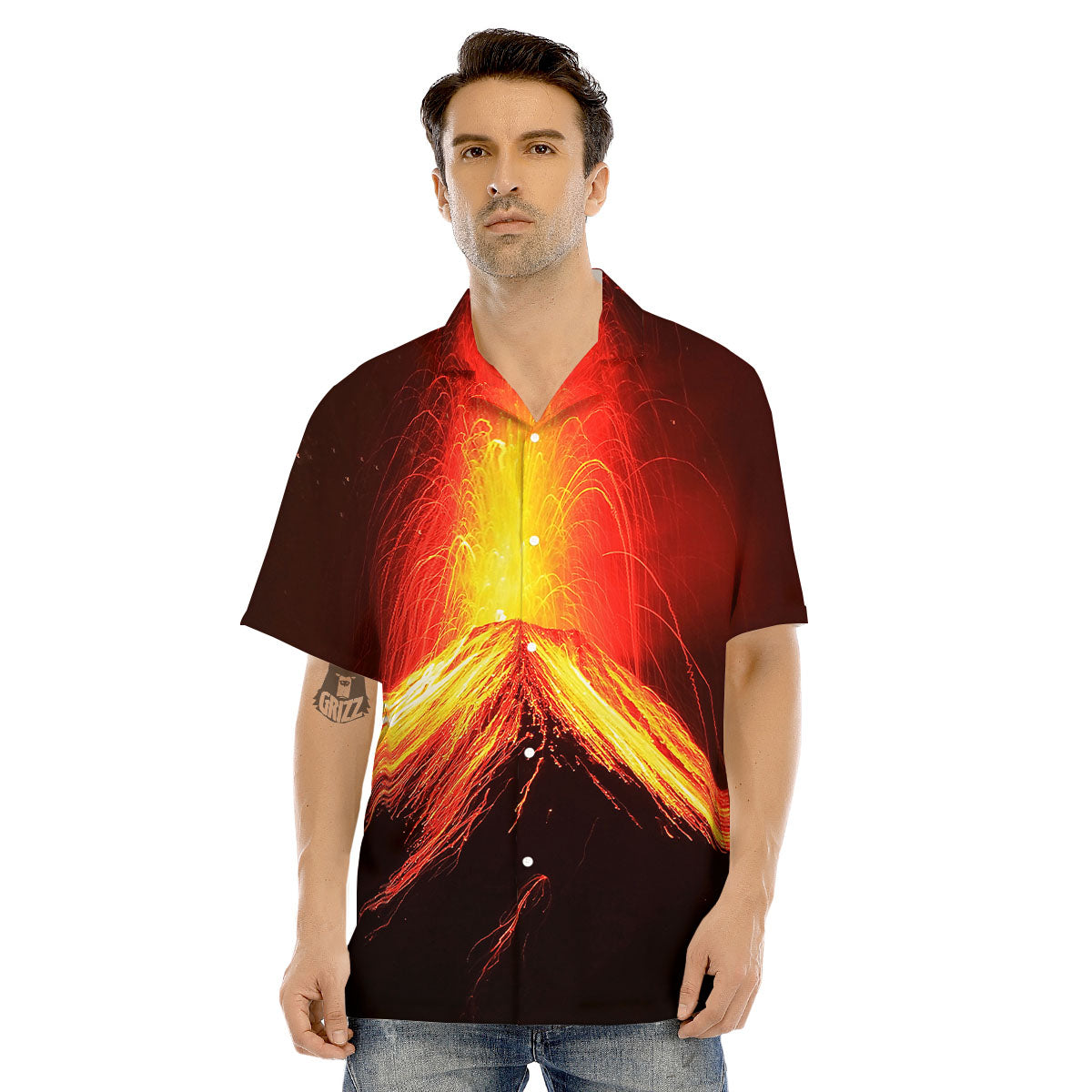 Volcano On Fire Print Men's Hawaiian Shirt-grizzshop