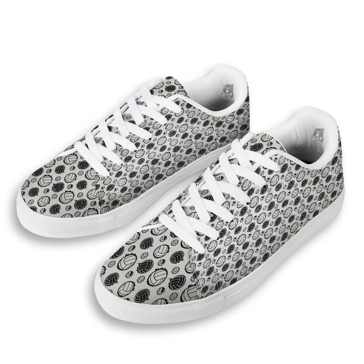 Volleyball White And Black Print Pattern White Low Top Sneakers-grizzshop