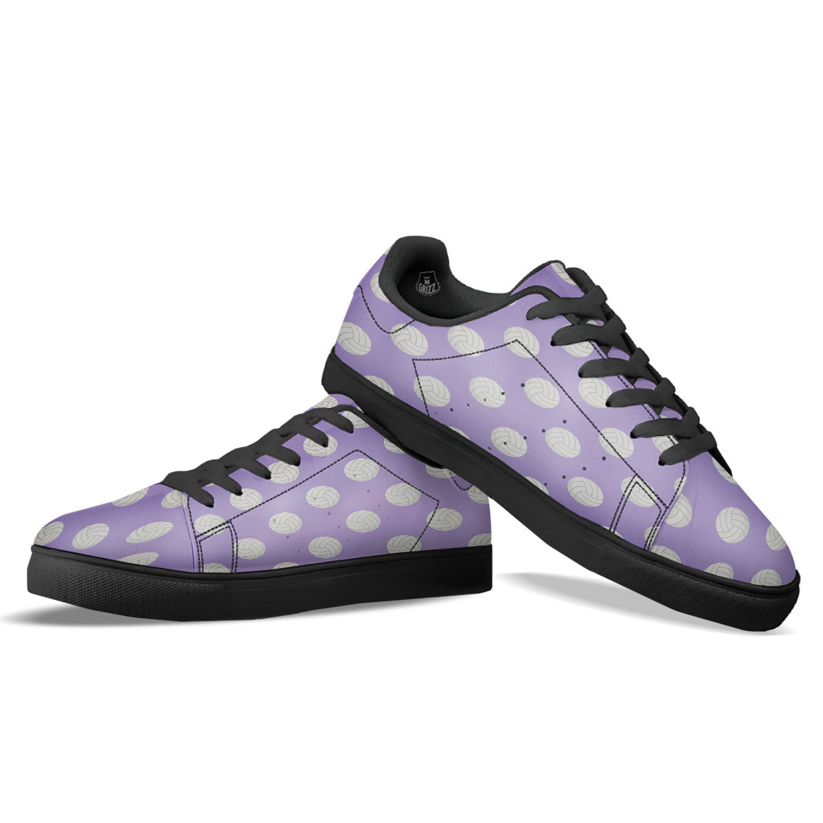 Volleyball White And Purple Print Pattern Black Low Top Sneakers-grizzshop