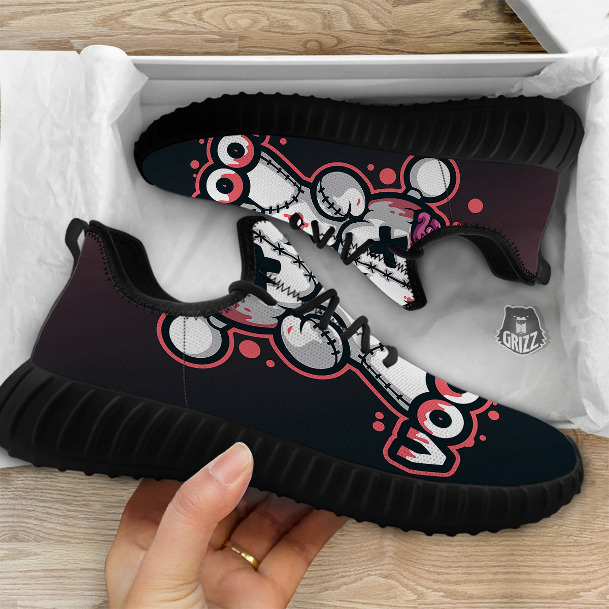 Voodoo Doll Cartoon Print Black Walking Shoes-grizzshop