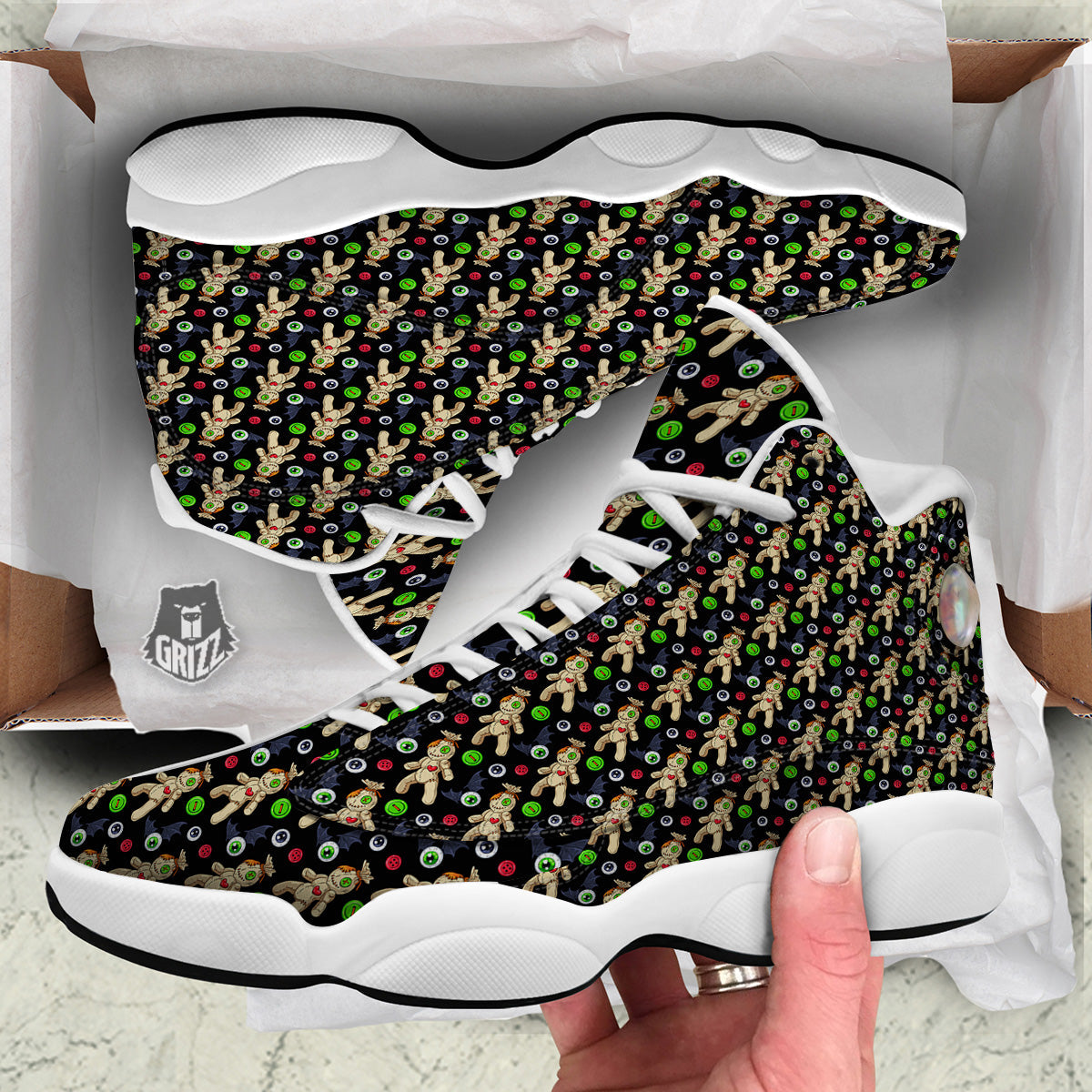 Voodoo Doll Cartoon Print Pattern White Basketball Shoes-grizzshop