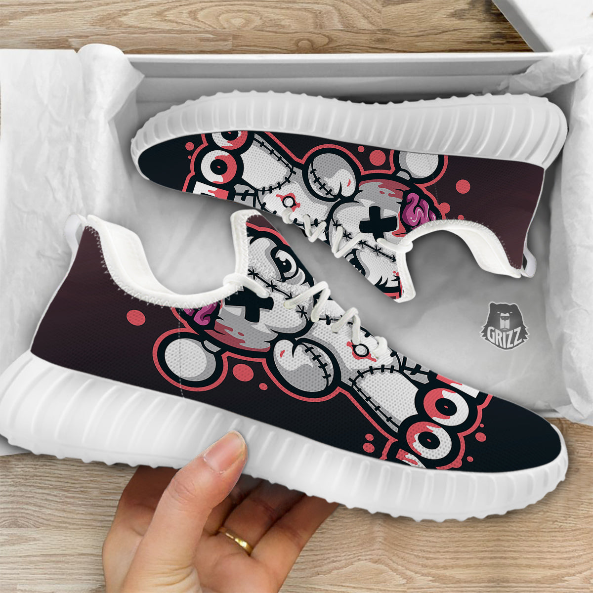Voodoo Doll Cartoon Print White Walking Shoes-grizzshop