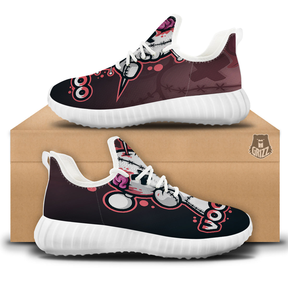 Voodoo Doll Cartoon Print White Walking Shoes-grizzshop