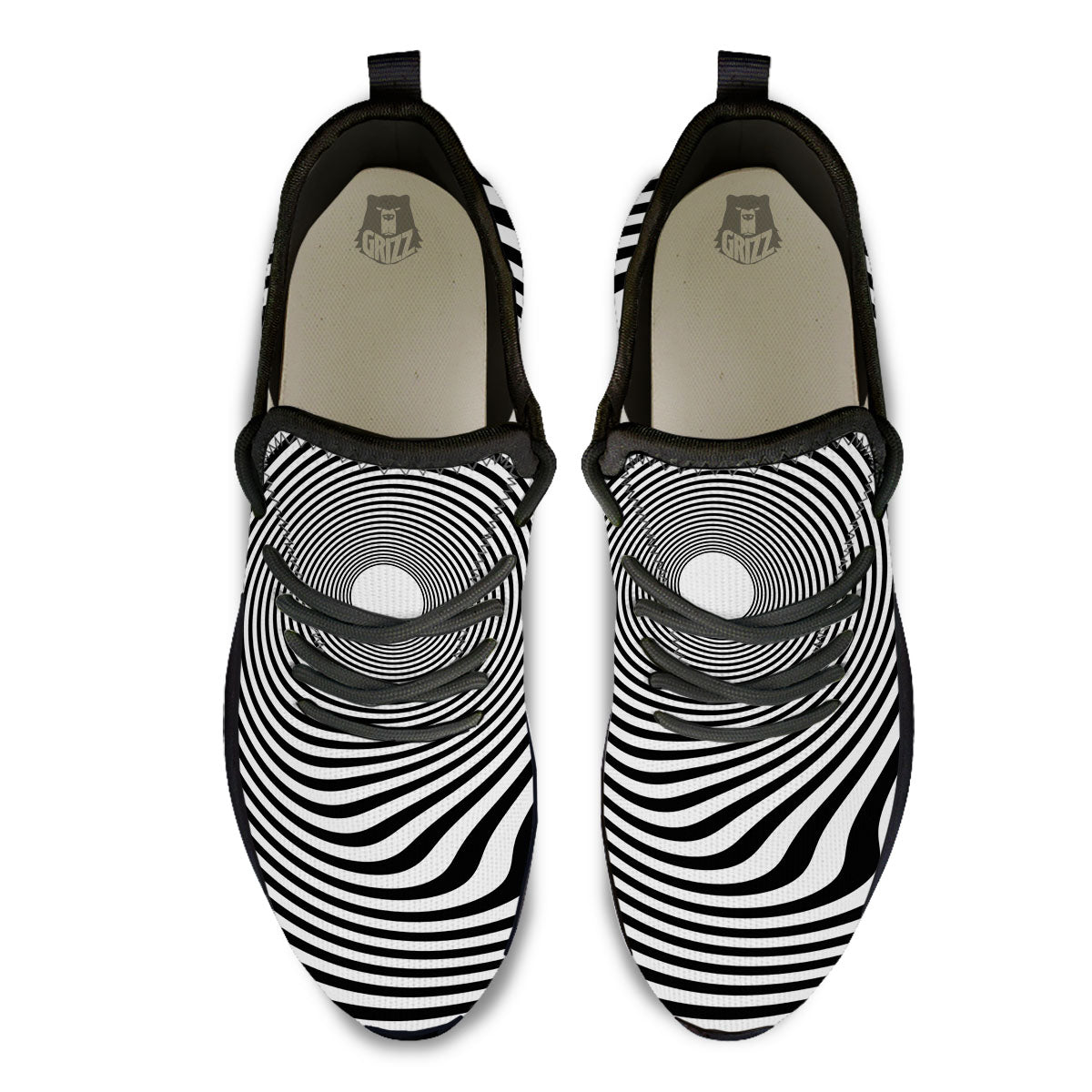 Vortex Swirl White And Black Print Black Athletic Shoes-grizzshop