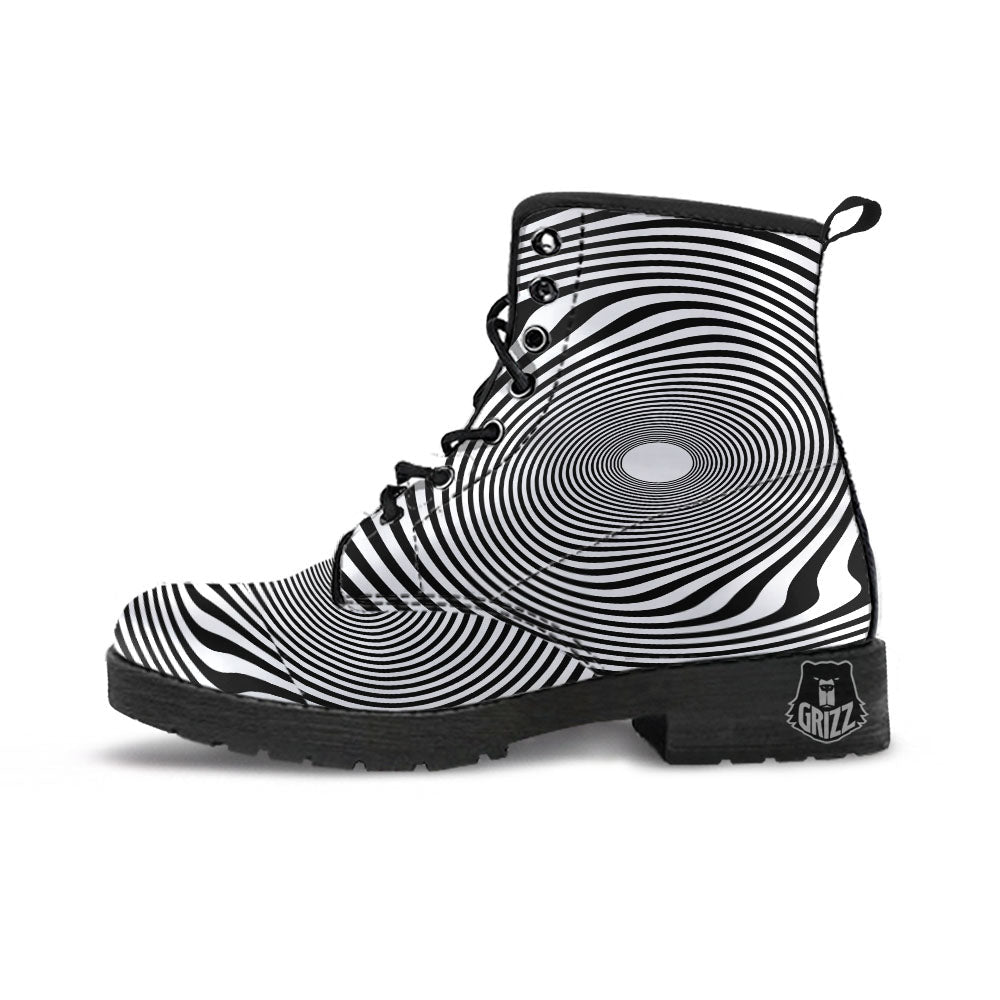 Vortex Swirl White And Black Print Leather Boots-grizzshop