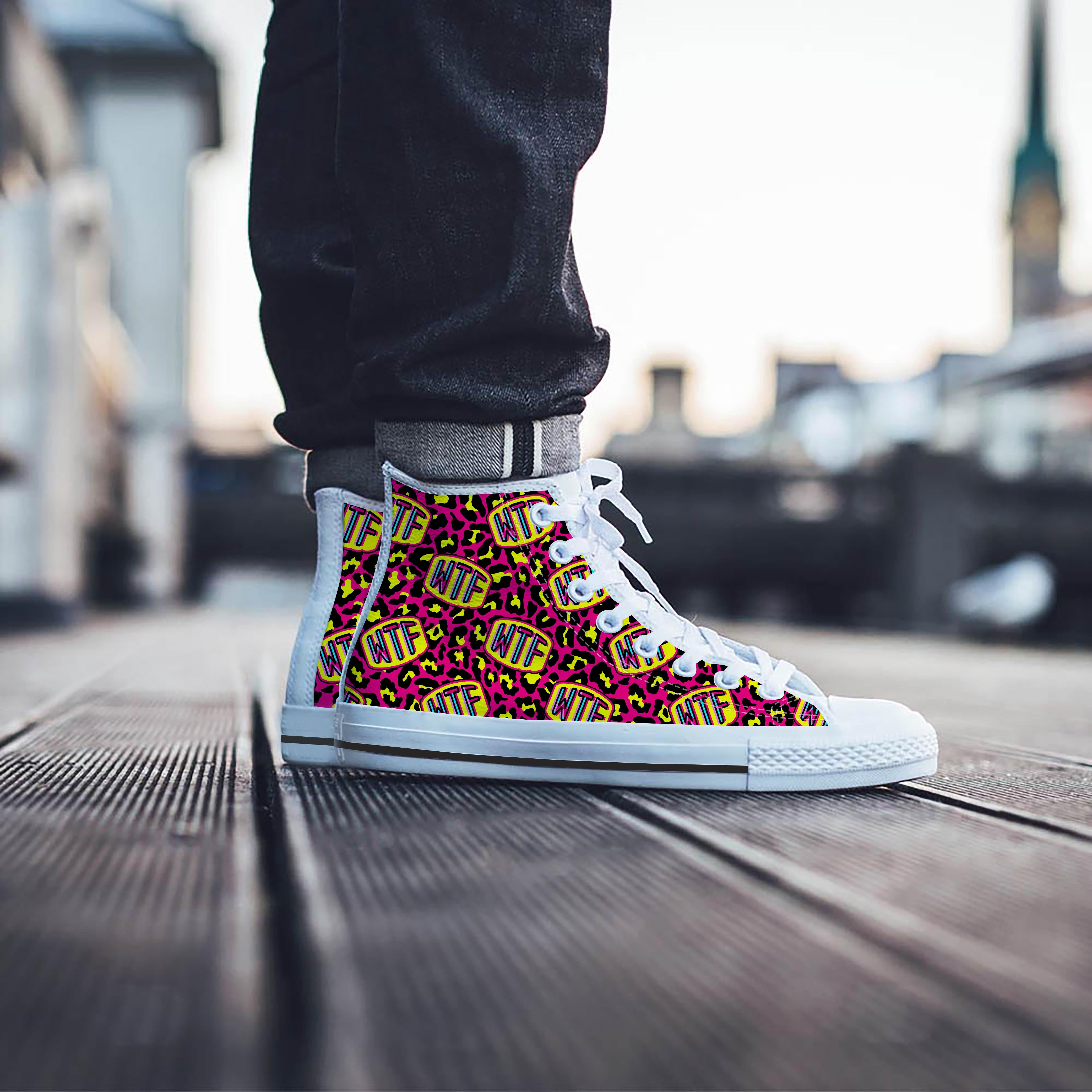 WTF Cheetah Hiphop Graffiti Print Men's High Top Shoes-grizzshop