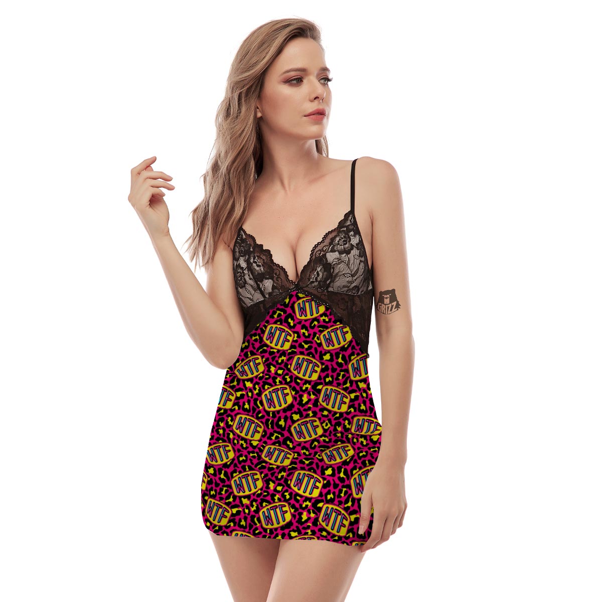 WTF Cheetah Hiphop Graffiti Print Women's Sexy Night Dress-grizzshop