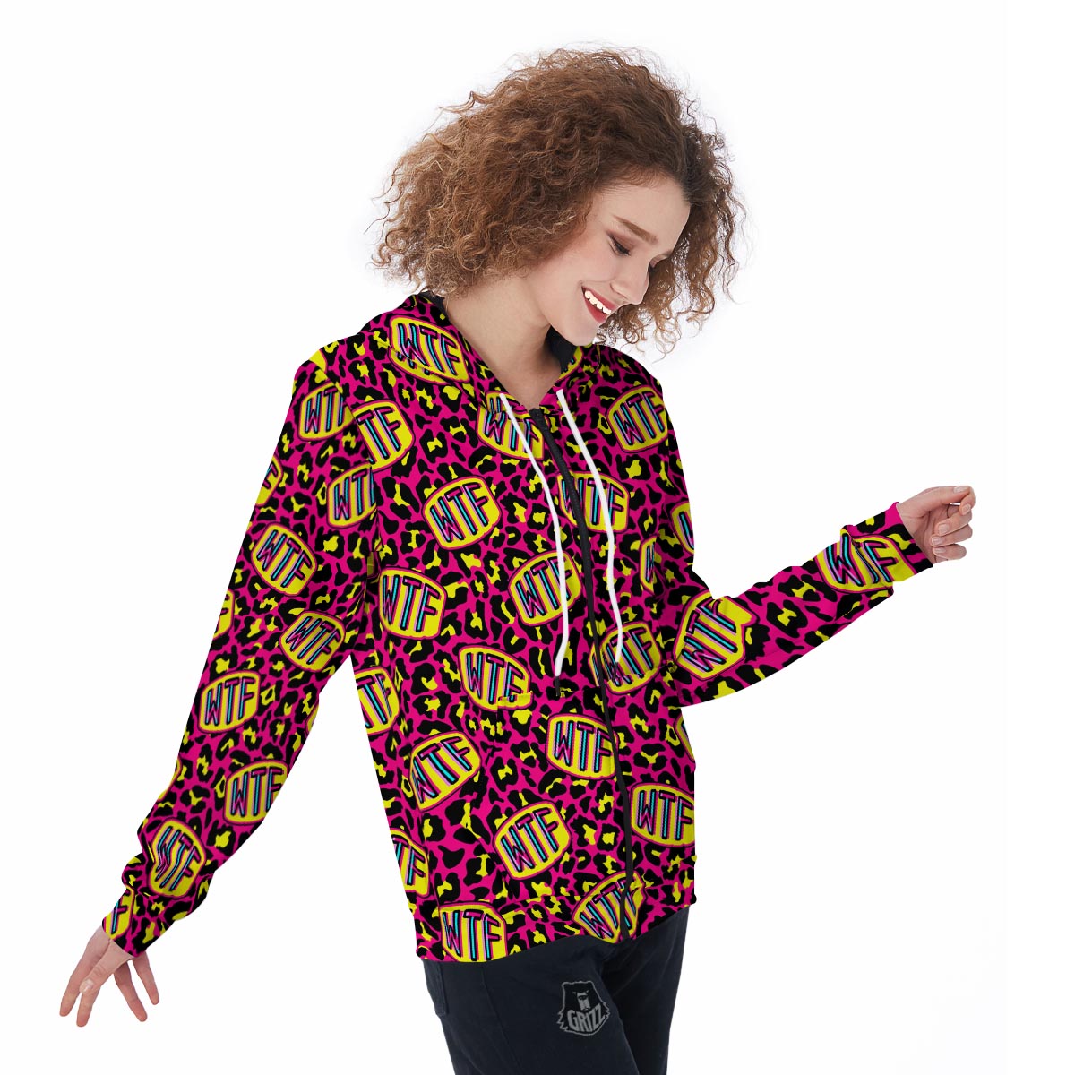 WTF Cheetah Hiphop Graffiti Print Women's Zip Up Hoodie-grizzshop