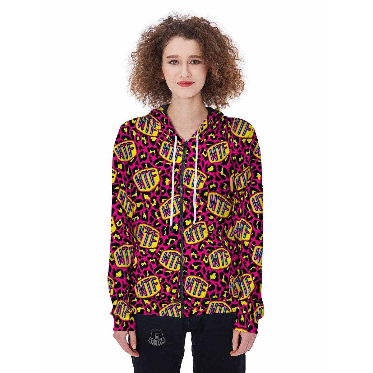 WTF Cheetah Hiphop Graffiti Print Women's Zip Up Hoodie-grizzshop