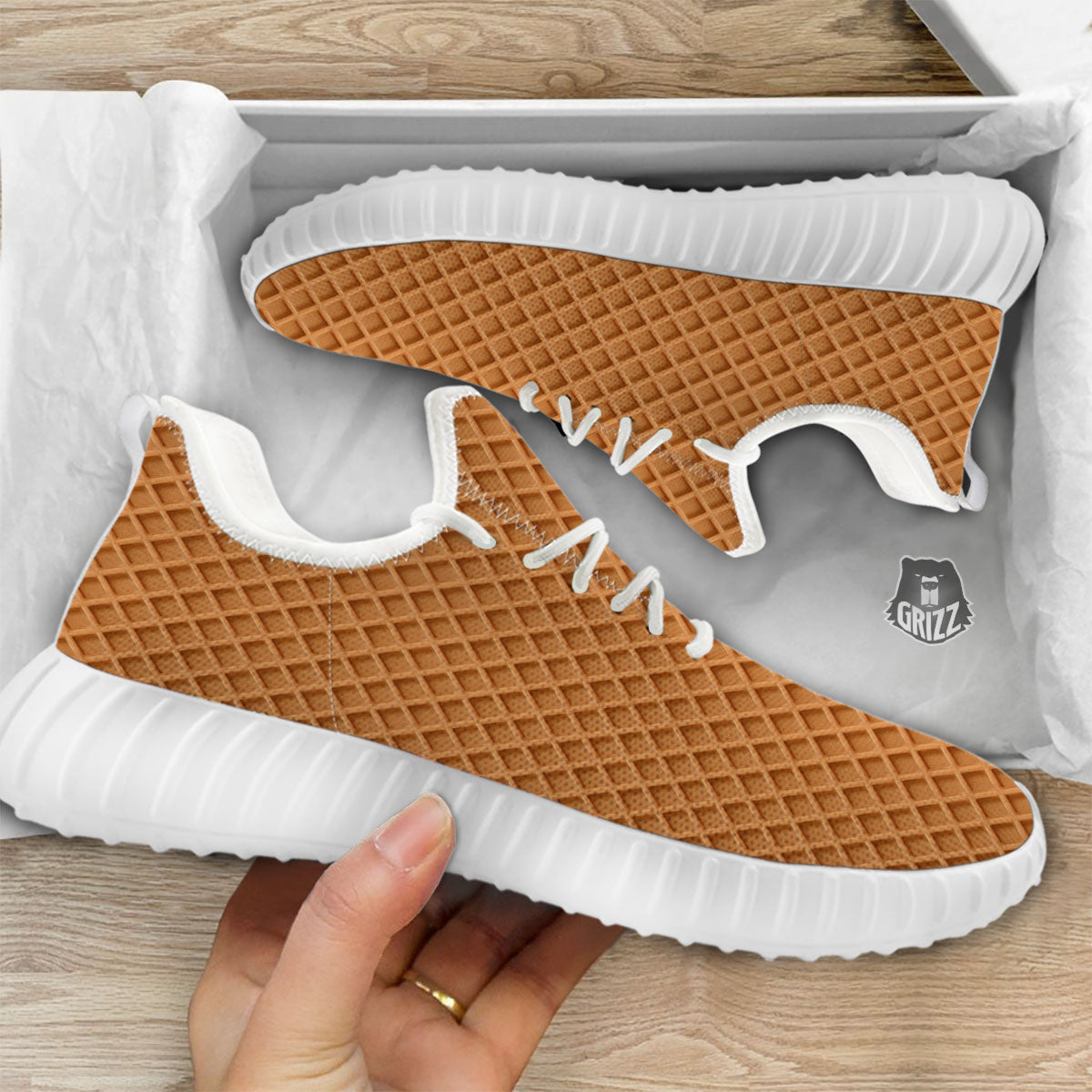 Waffles Print White Walking Shoes-grizzshop