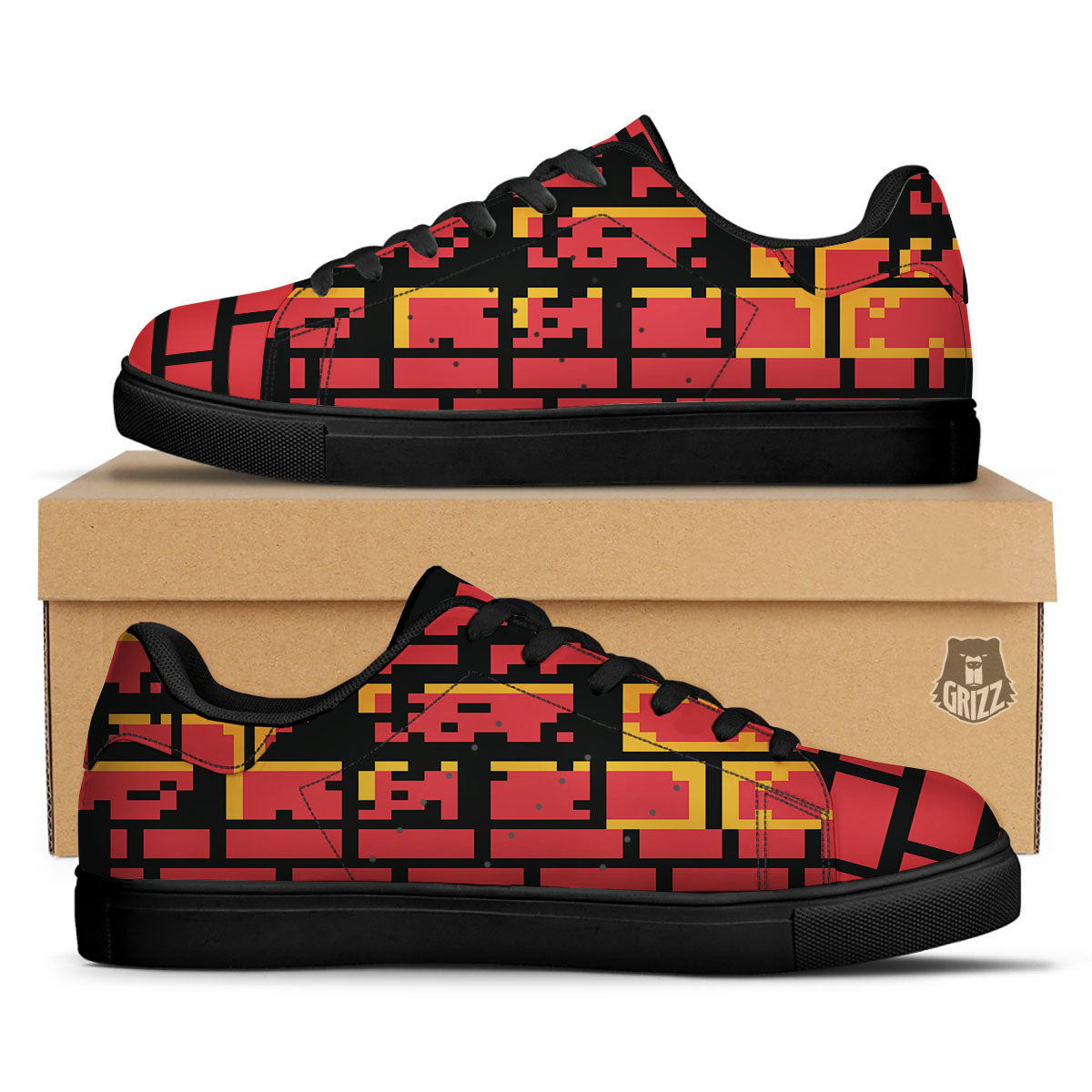 Wall Orange 8-Bit Pixel Print Black Low Top Sneakers-grizzshop