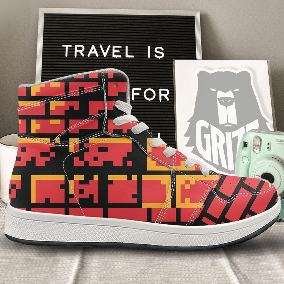 Wall Orange 8-Bit Pixel Print High Top Sneakers-grizzshop