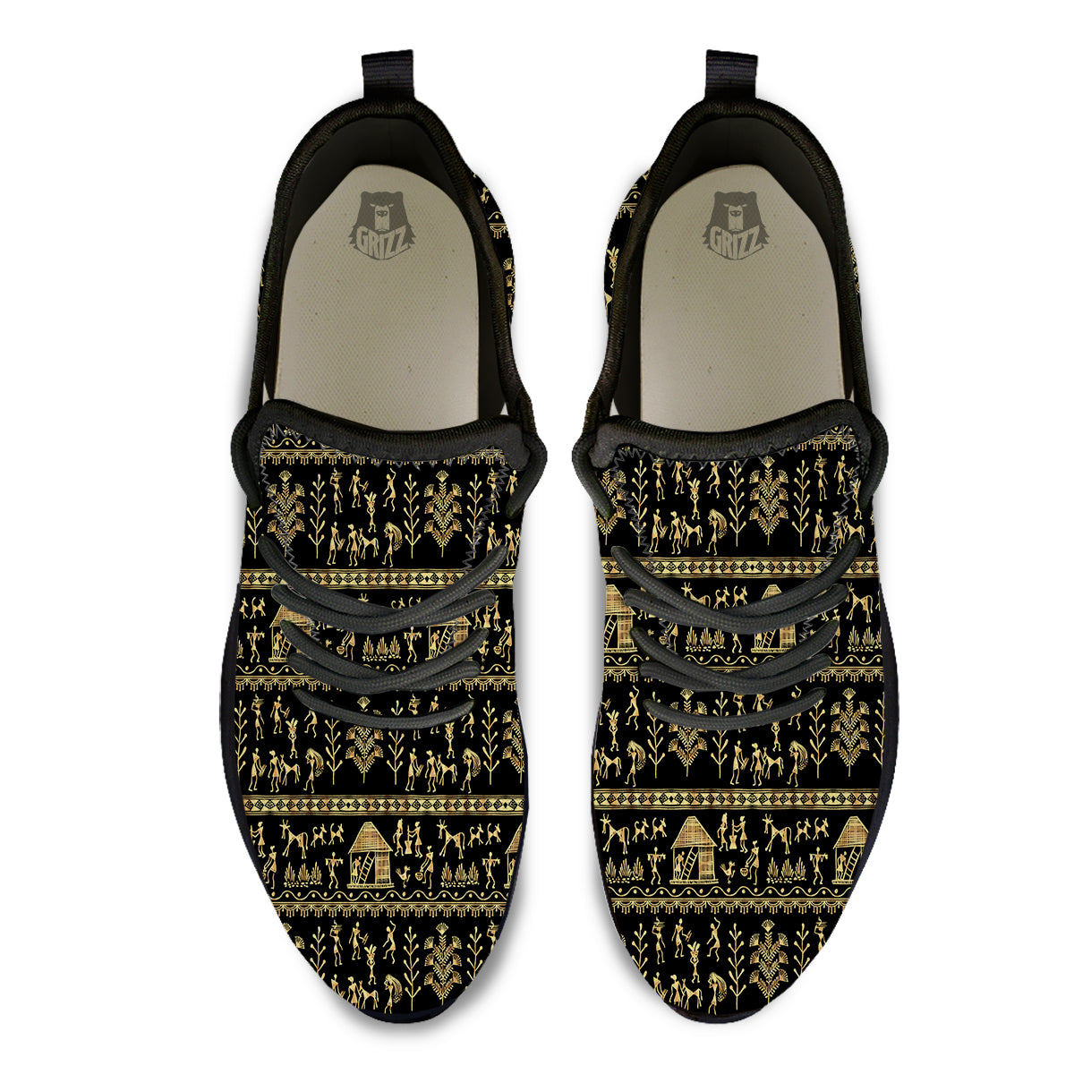 Warli Gold And Black Print Pattern Black Athletic Shoes-grizzshop