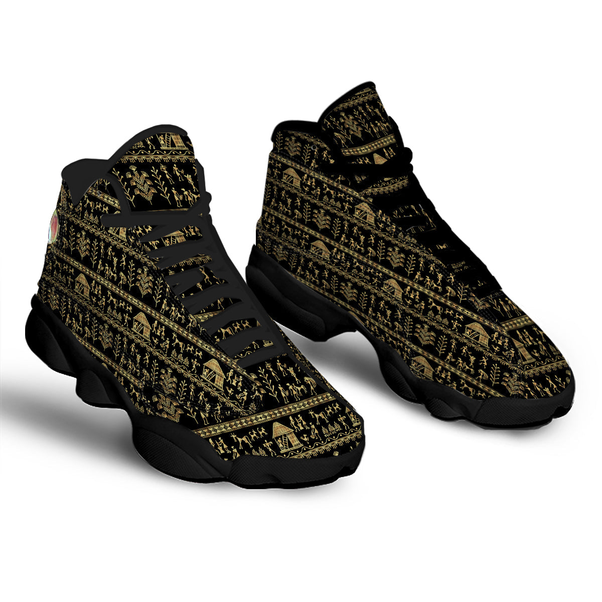 Warli Gold And Black Print Pattern Black Basketball Shoes-grizzshop