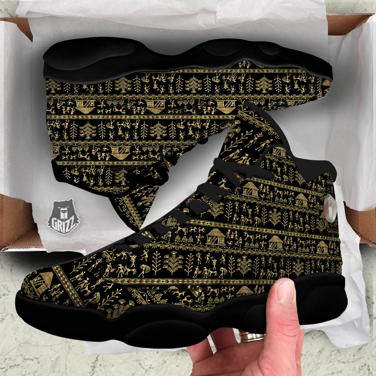 Warli Gold And Black Print Pattern Black Basketball Shoes-grizzshop