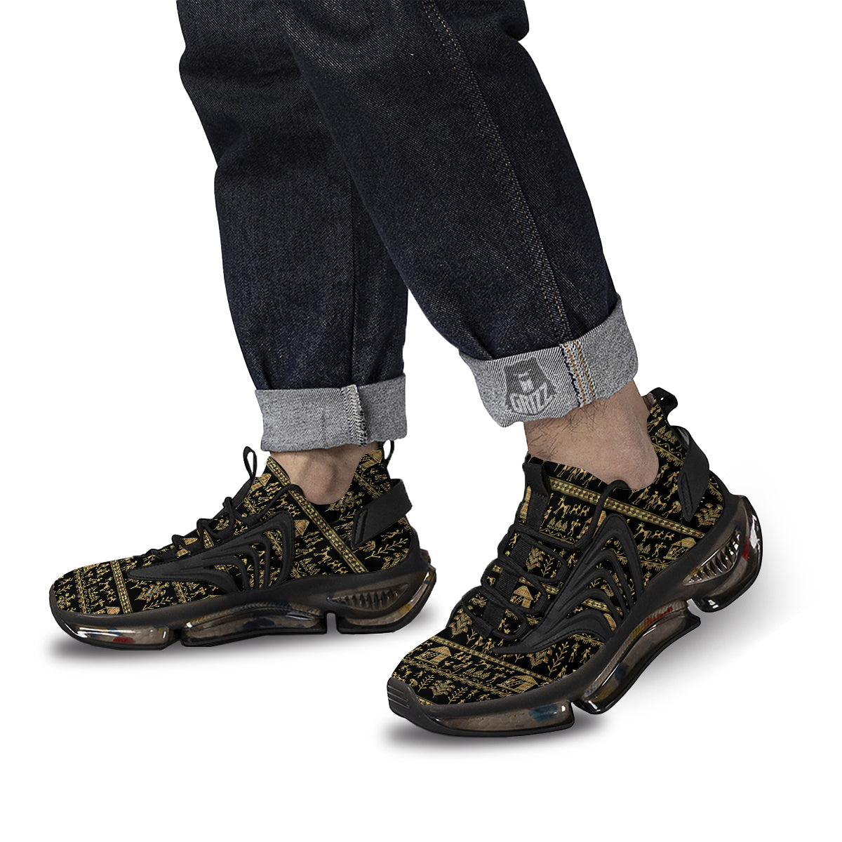 Warli Gold And Black Print Pattern Black Gym Shoes-grizzshop