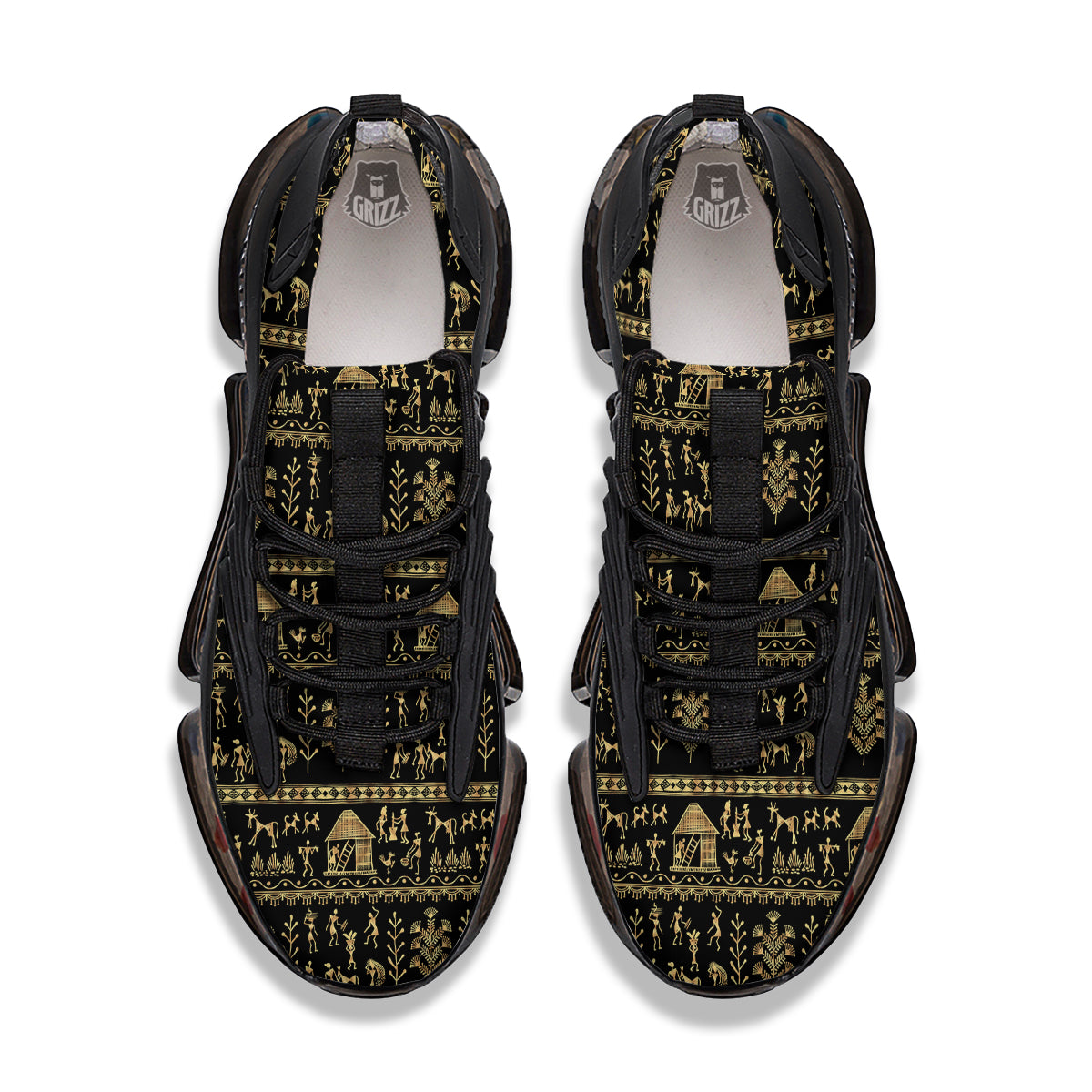Warli Gold And Black Print Pattern Black Gym Shoes-grizzshop