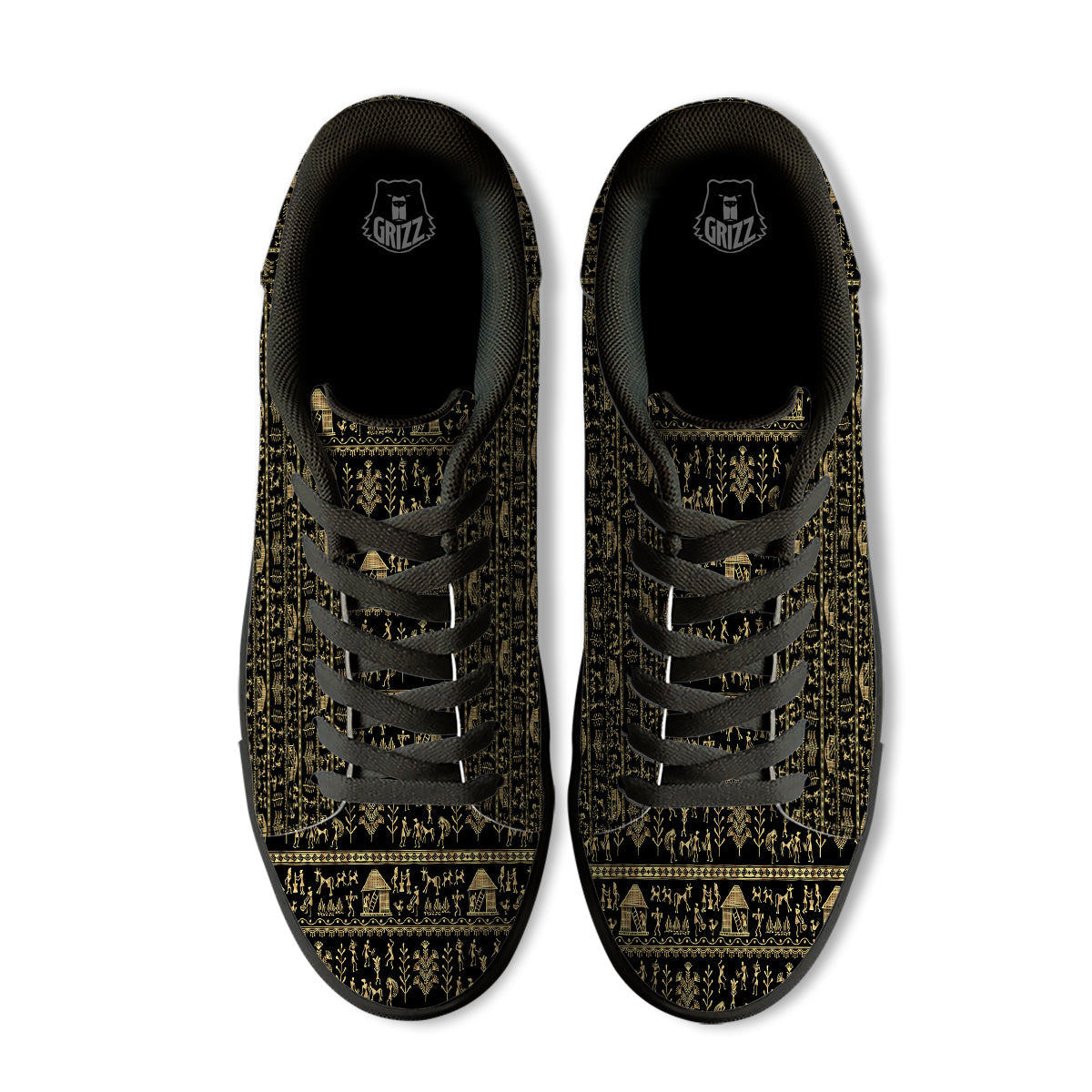 Warli Gold And Black Print Pattern Black Low Top Sneakers-grizzshop