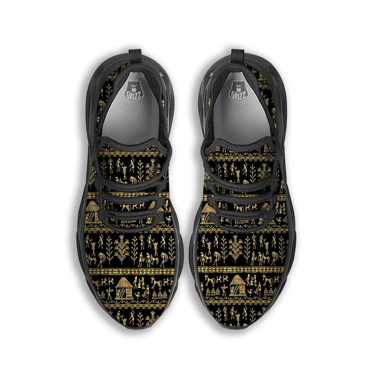Warli Gold And Black Print Pattern Black Running Shoes-grizzshop