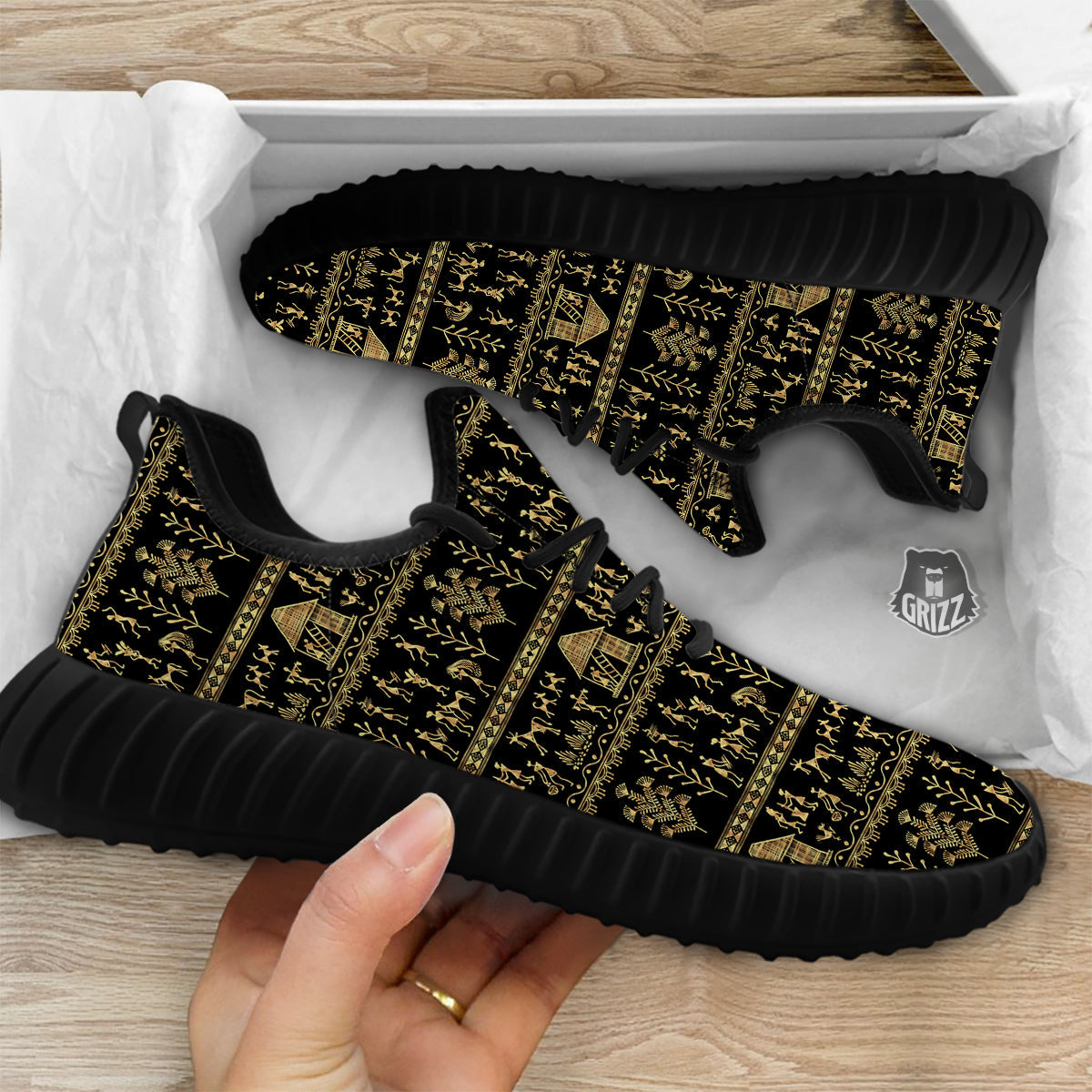 Warli Gold And Black Print Pattern Black Walking Shoes-grizzshop