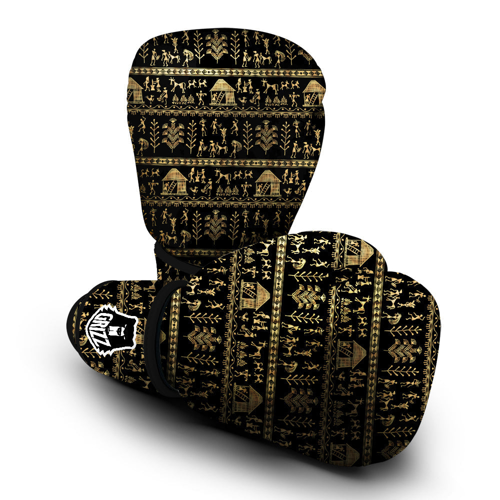 Warli Gold And Black Print Pattern Boxing Gloves-grizzshop