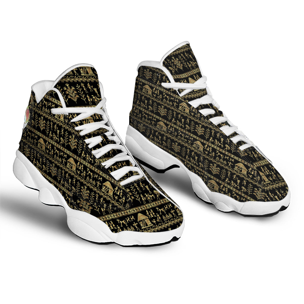Warli Gold And Black Print Pattern White Basketball Shoes-grizzshop