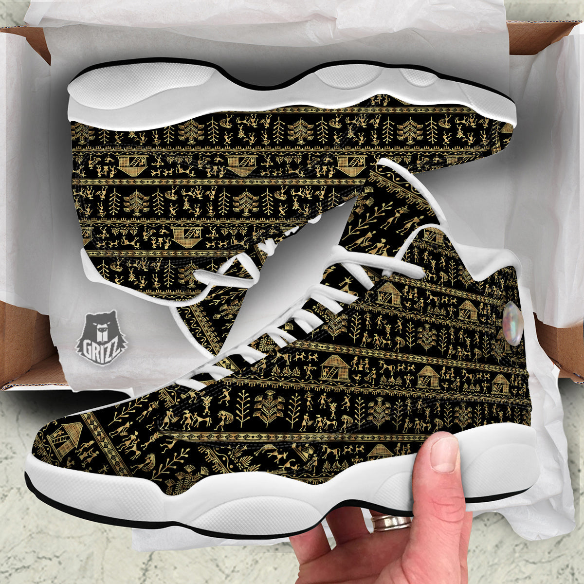 Warli Gold And Black Print Pattern White Basketball Shoes-grizzshop
