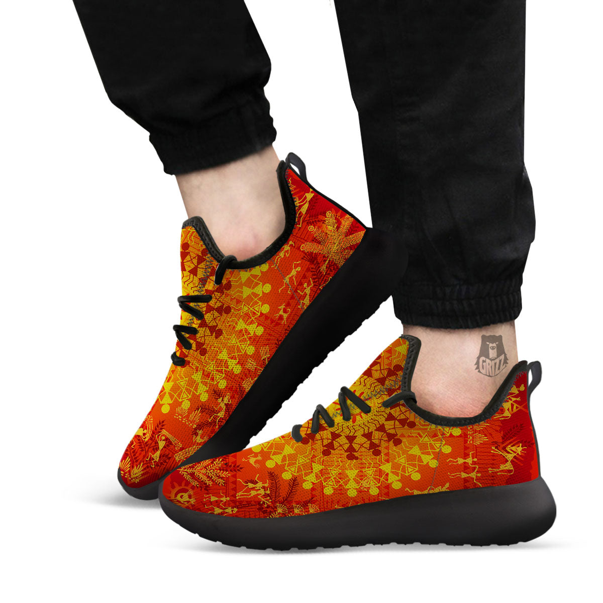 Warli Tribal Ancient Indian Print Black Athletic Shoes-grizzshop