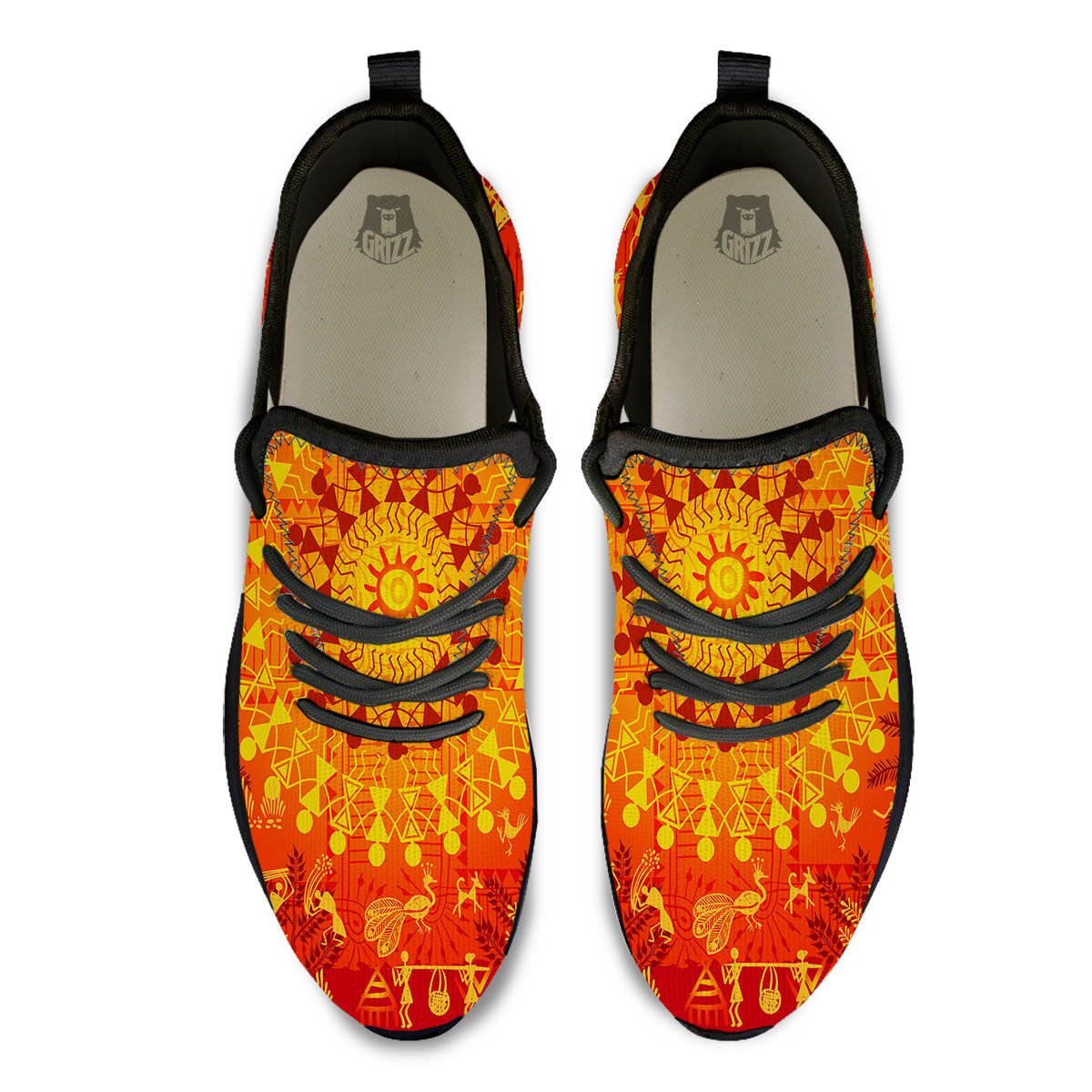 Warli Tribal Ancient Indian Print Black Athletic Shoes-grizzshop