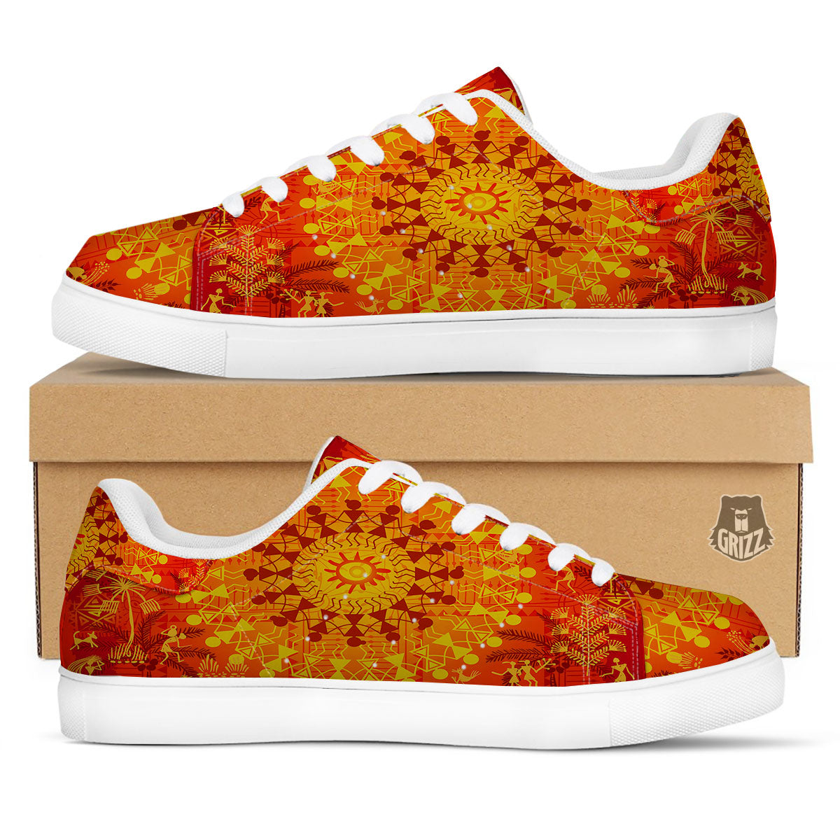 Warli Tribal Ancient Indian Print White Low Top Sneakers-grizzshop