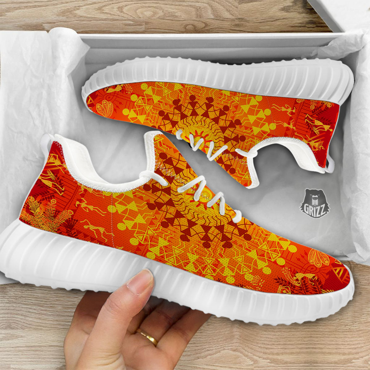 Warli Tribal Ancient Indian Print White Walking Shoes-grizzshop