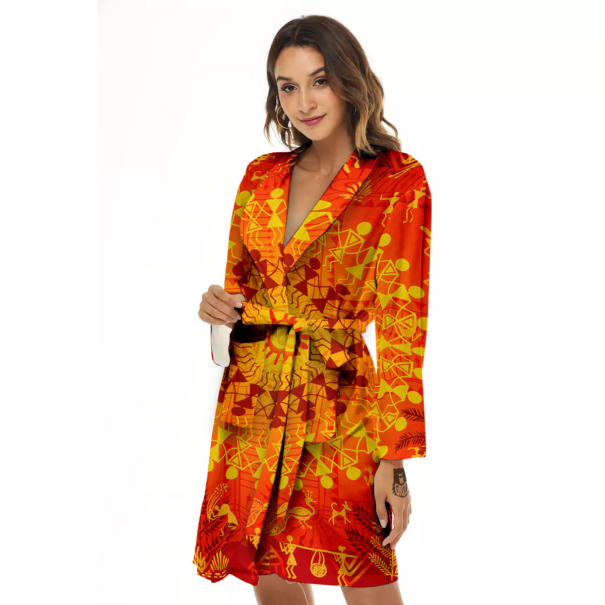 Warli Tribal Ancient Indian Print Women's Robe-grizzshop