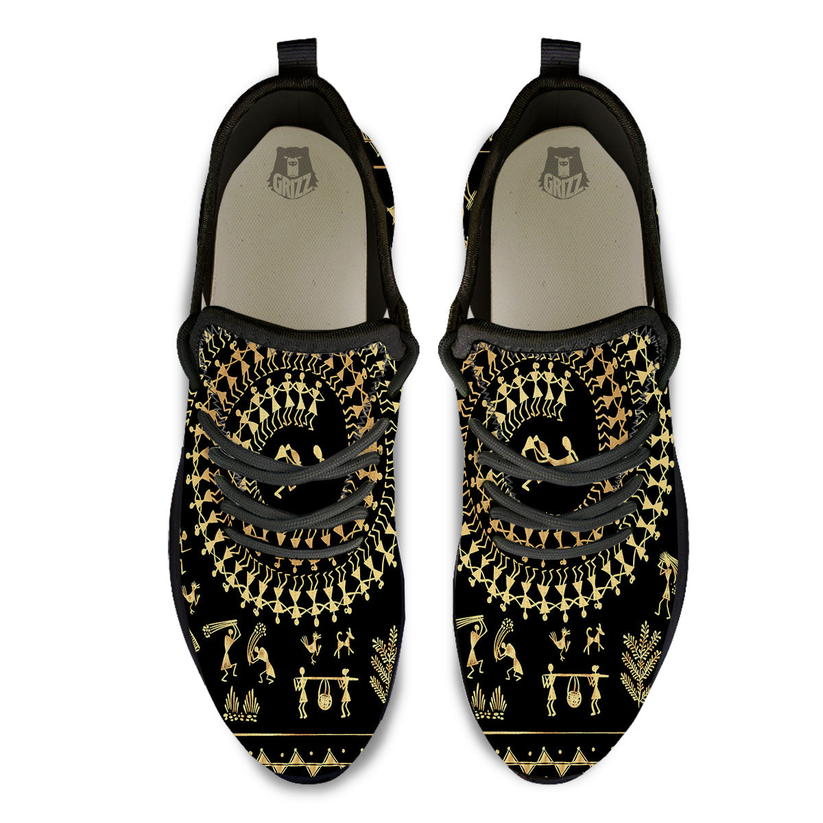 Warli Tribal Gold And Black Print Black Athletic Shoes-grizzshop