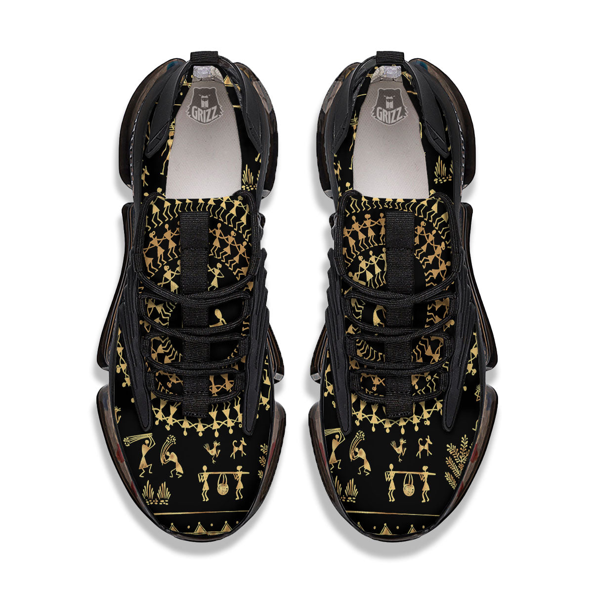 Warli Tribal Gold And Black Print Black Gym Shoes-grizzshop