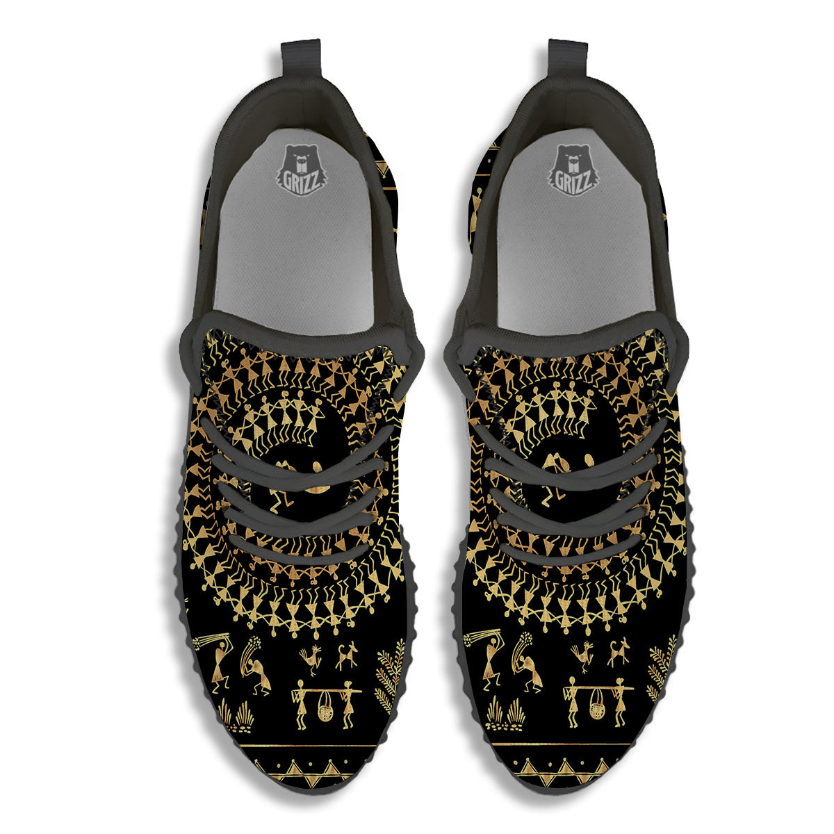 Warli Tribal Gold And Black Print Black Walking Shoes-grizzshop
